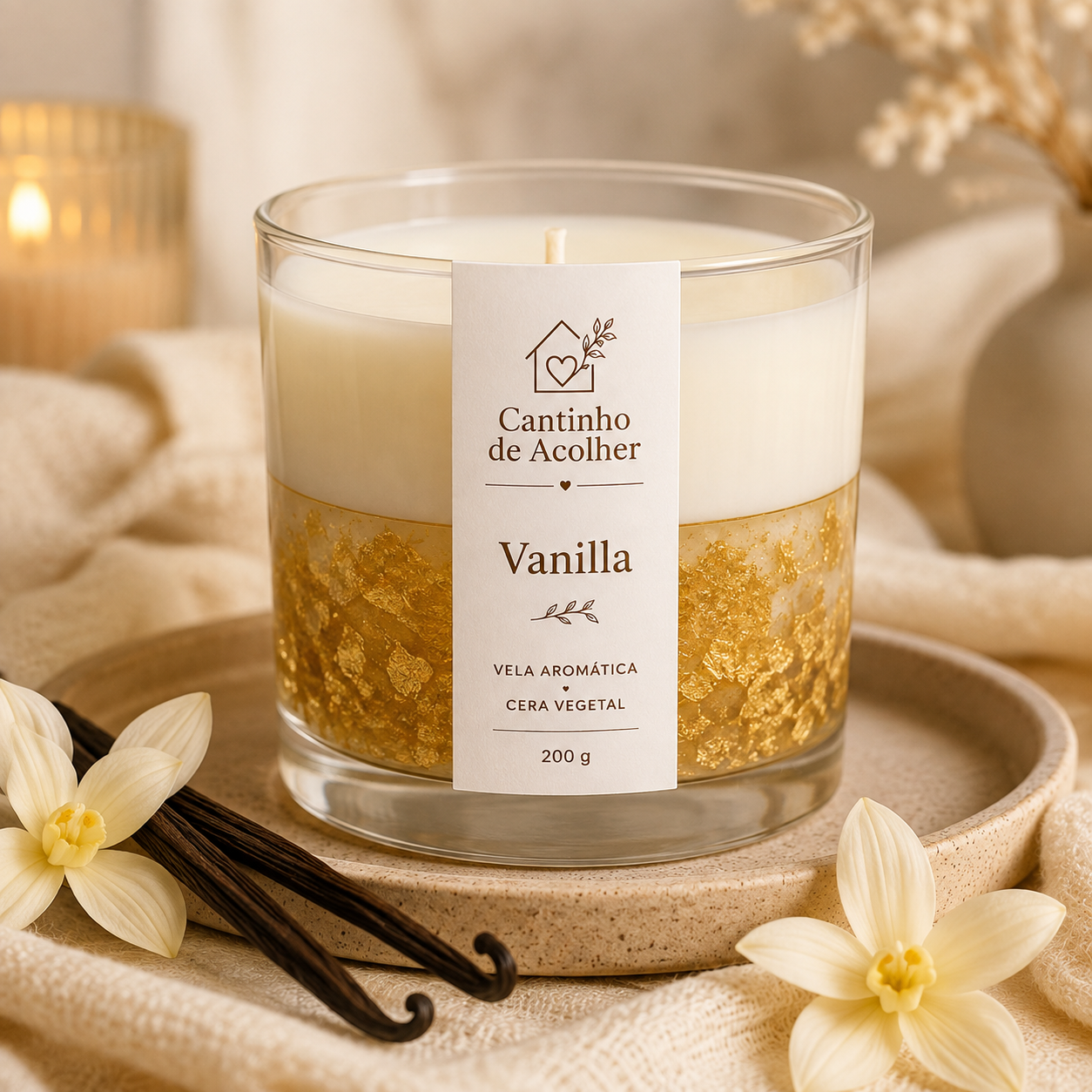 Vela Aromática em Gel Vanilla Folha de Ouro 200g Cantinho de Acolher - Criandê