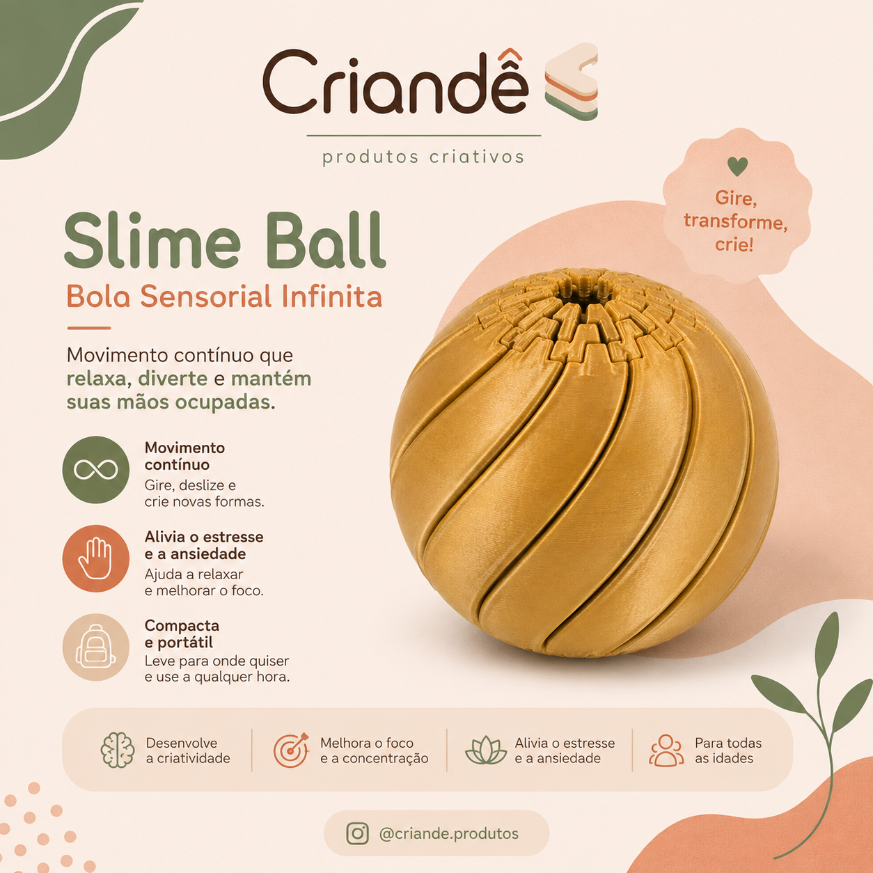 Slime Ball Bola Sensorial Infinita Antiestresse Movimento Contínuo - Criandê
