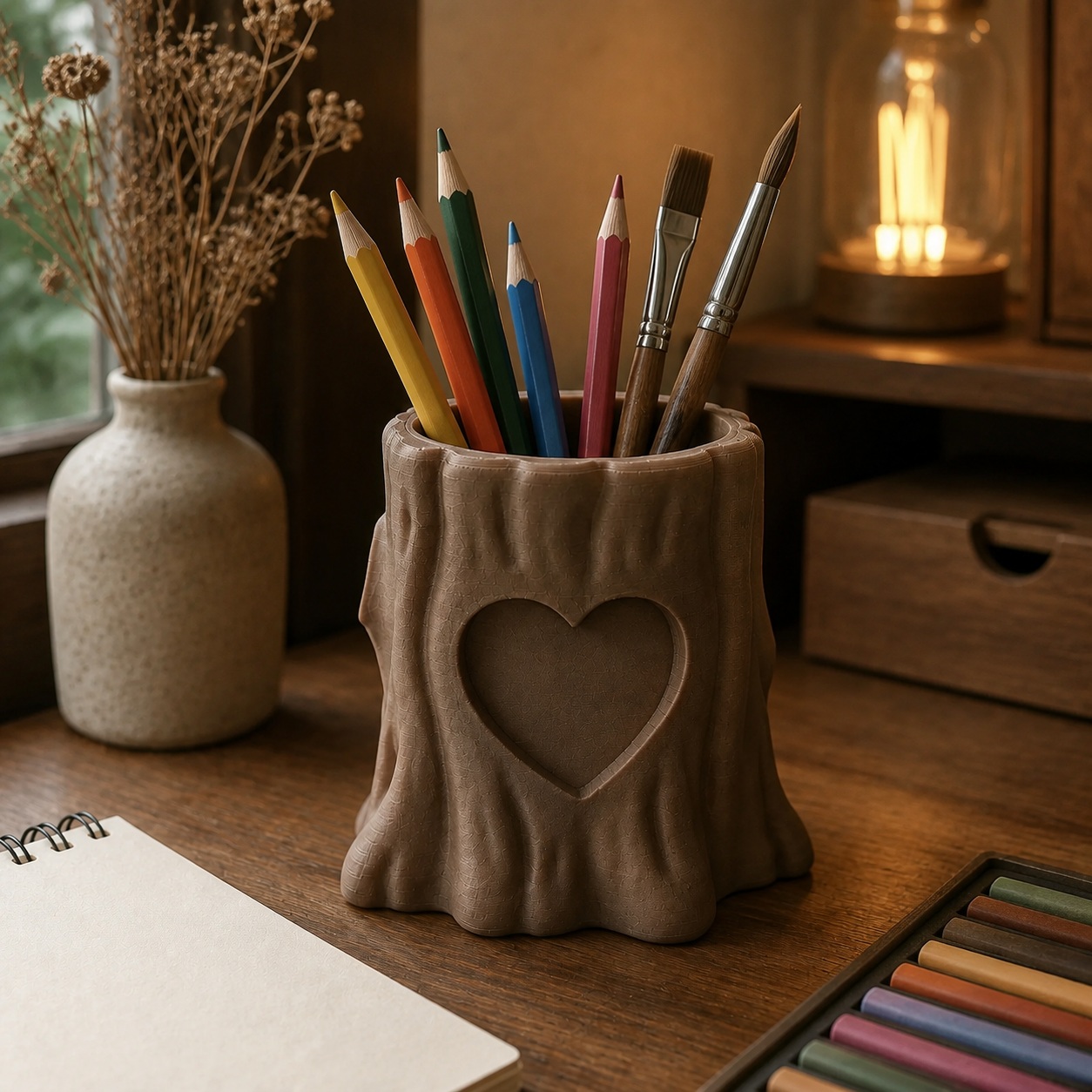 Porta-Canetas Tronco com Coração Criandê Wood