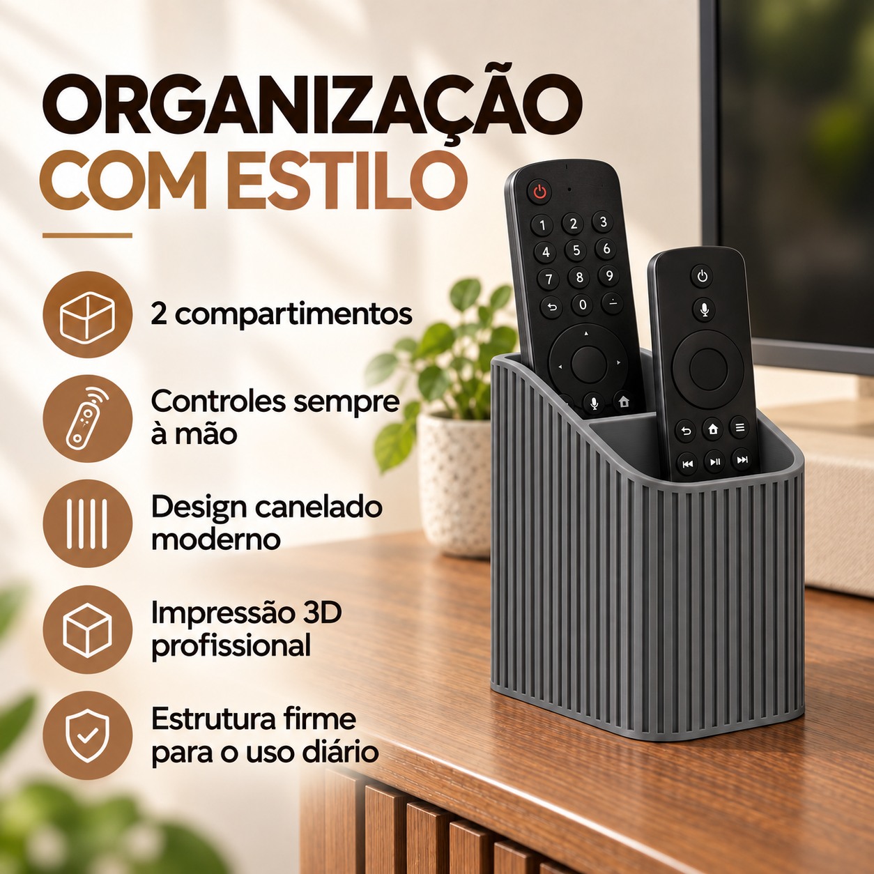 Porta-Controle Linea Canelado Criandê Cinza