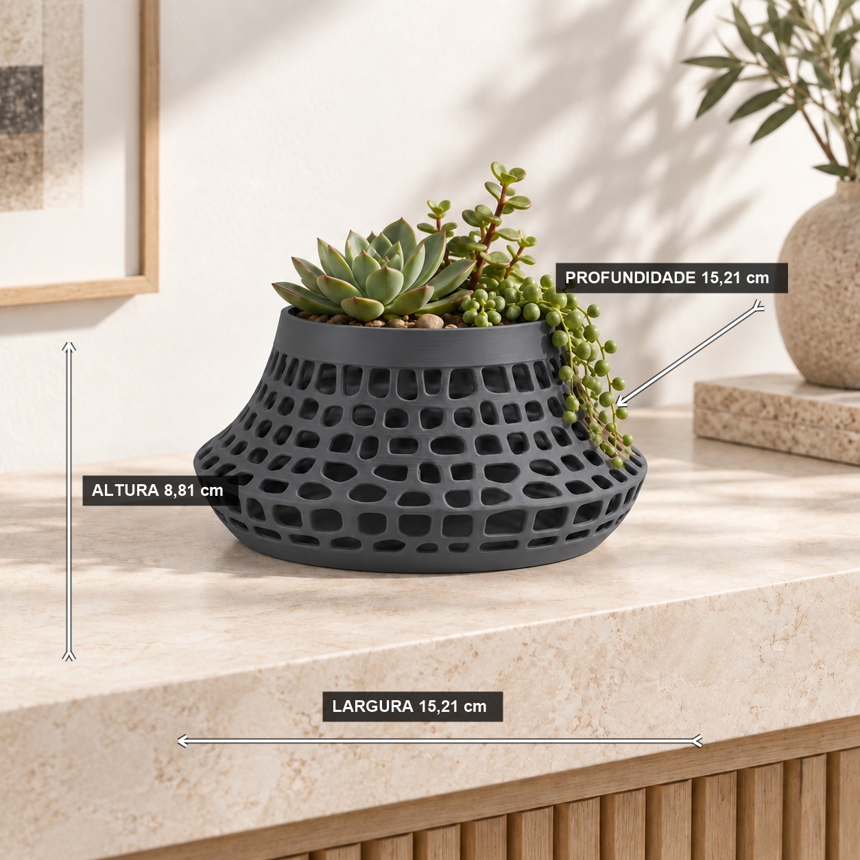 Vaso Karen Voronoi Baixo Criandê Cinza