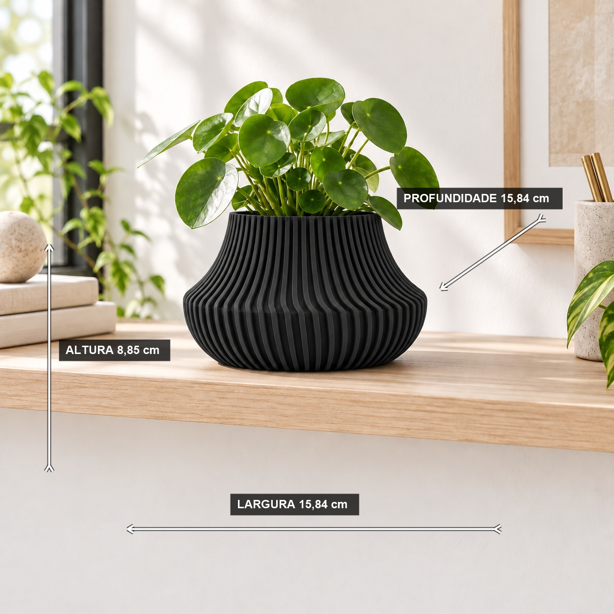 Vaso de Planta Canelado Aurora Criandê Preto