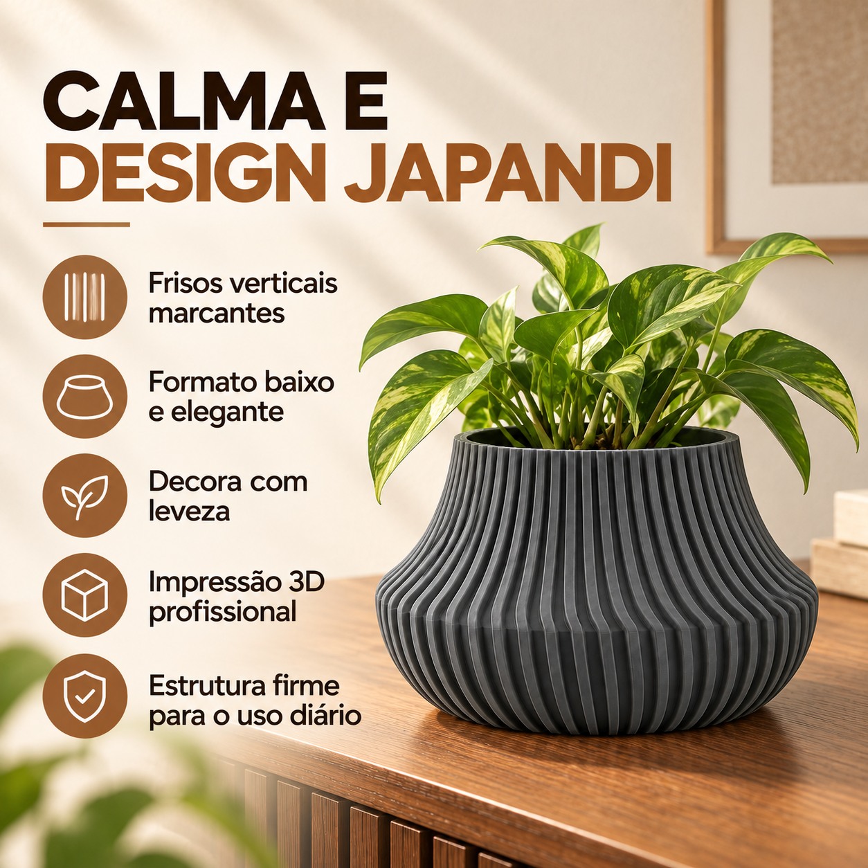 Vaso de Planta Canelado Aurora Criandê Cinza