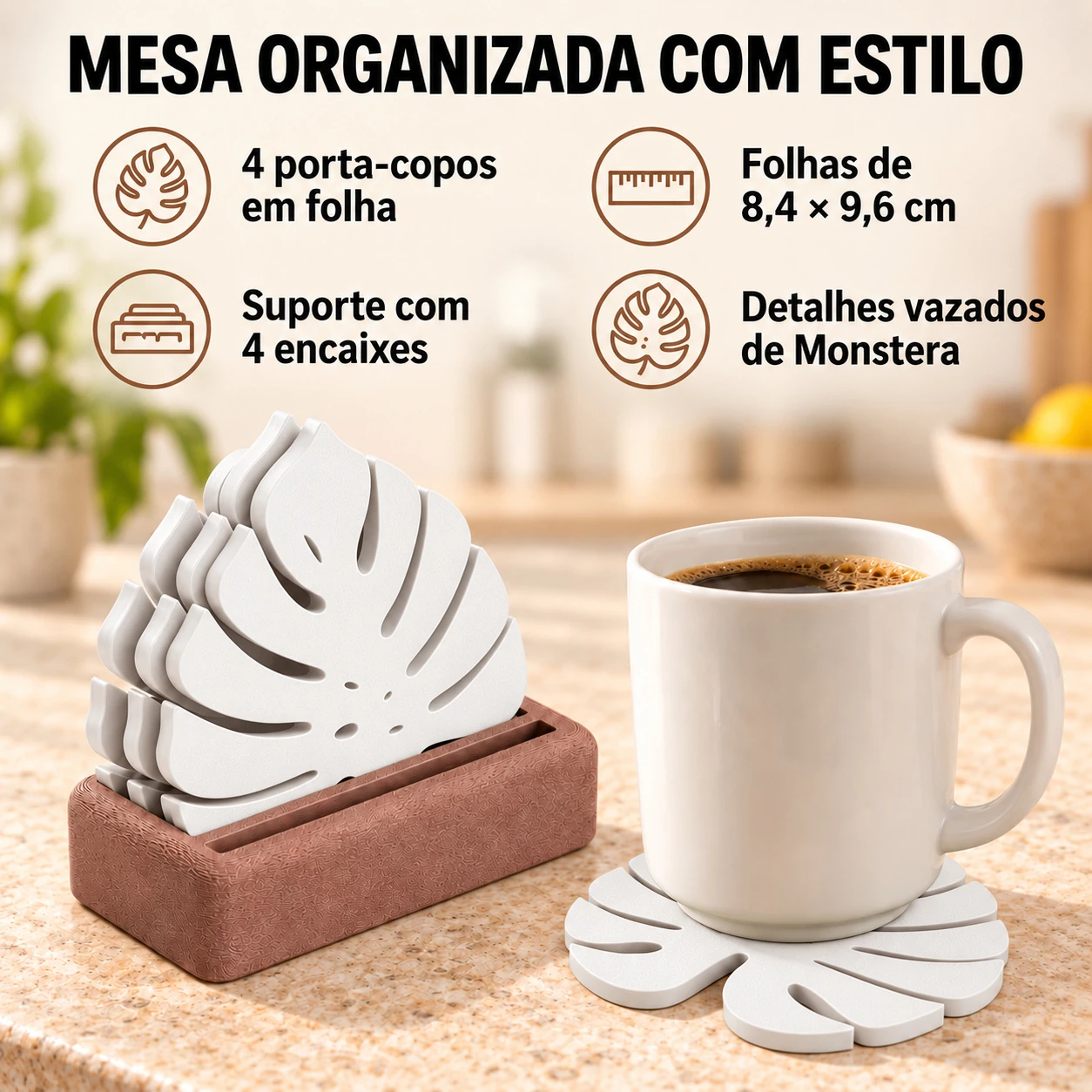 Porta-Copos Folha de Monstera com Suporte Criandê Branco