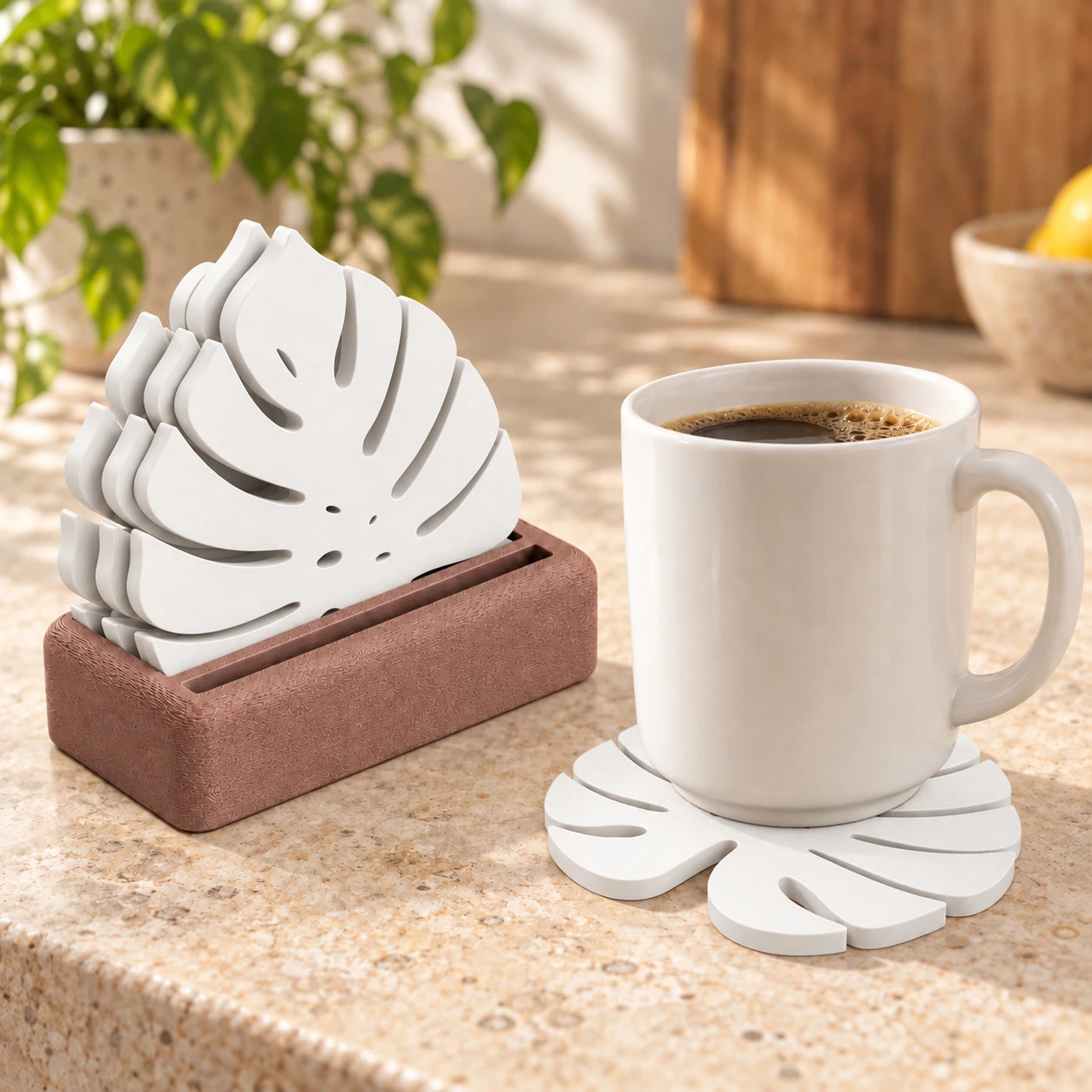 Porta-Copos Folha de Monstera com Suporte Criandê Branco