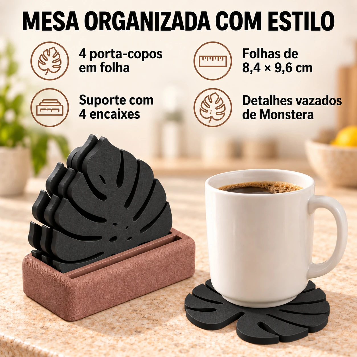 Porta-Copos Folha de Monstera com Suporte Criandê Preto