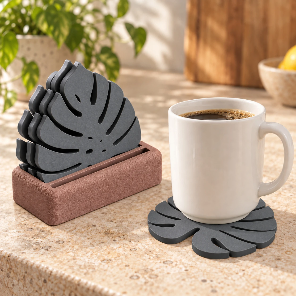 Porta-Copos Folha de Monstera com Suporte Criandê Cinza