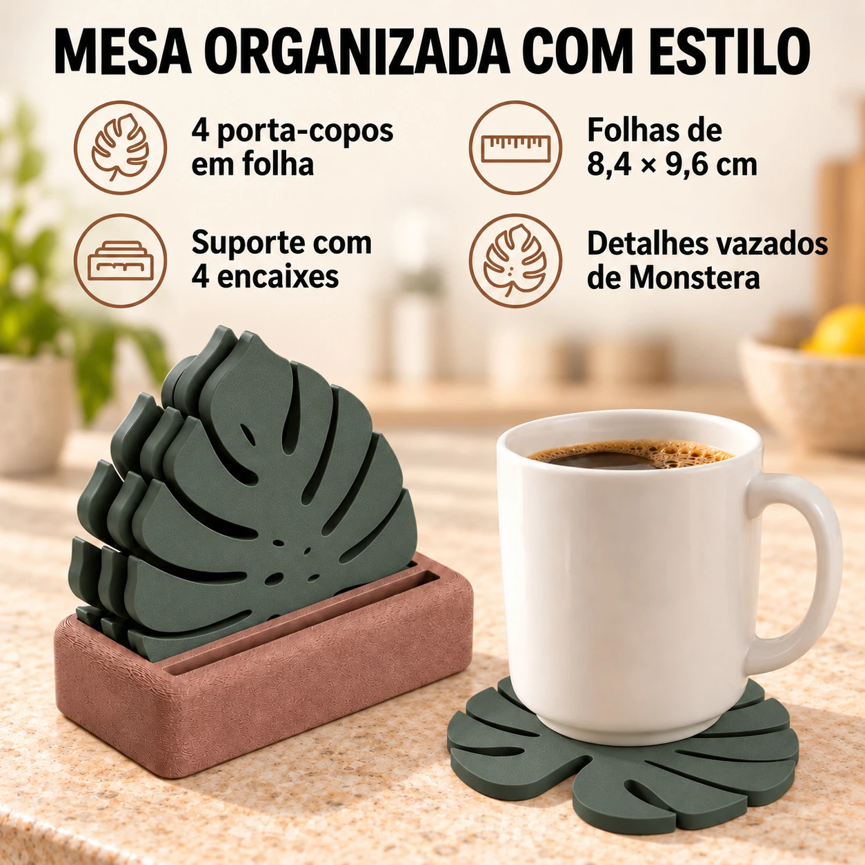 Porta-Copos Folha de Monstera com Suporte Criandê Verde