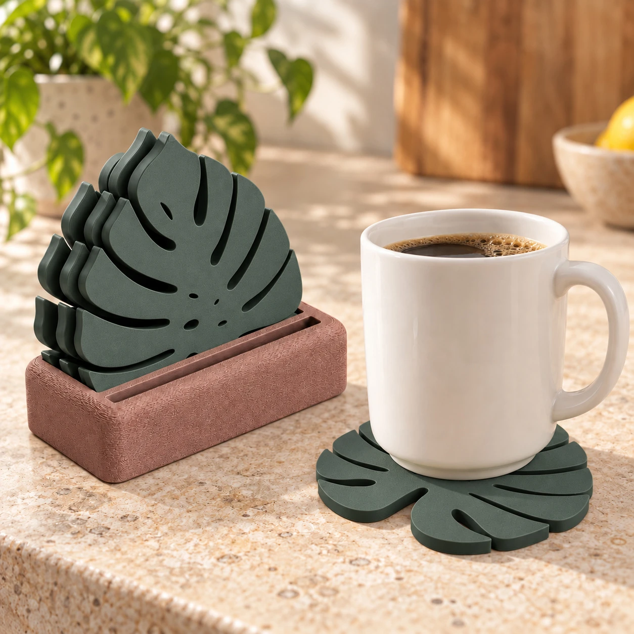 Porta-Copos Folha de Monstera com Suporte Criandê Verde