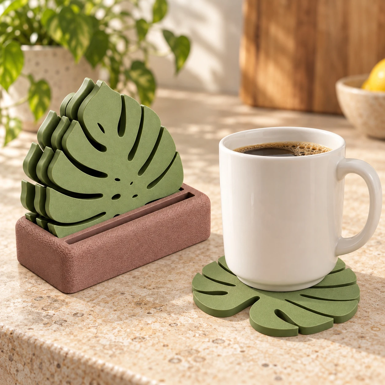 Porta-Copos Folha de Monstera com Suporte Criandê Wood