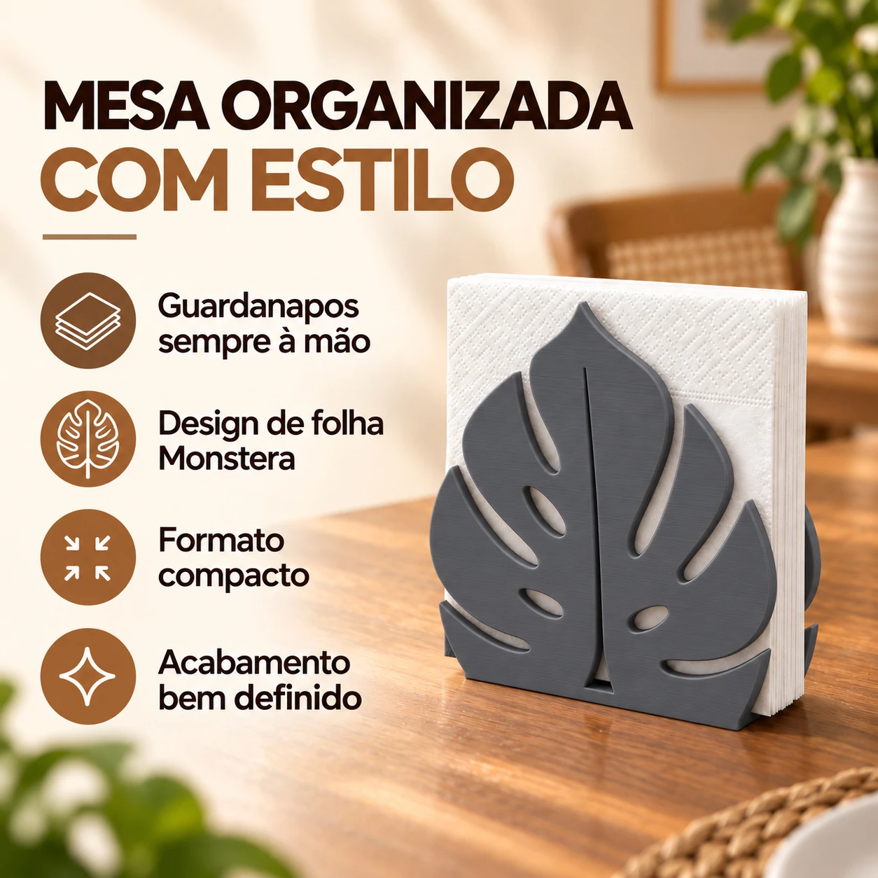 Porta-Guardanapo Monstera Criandê Cinza