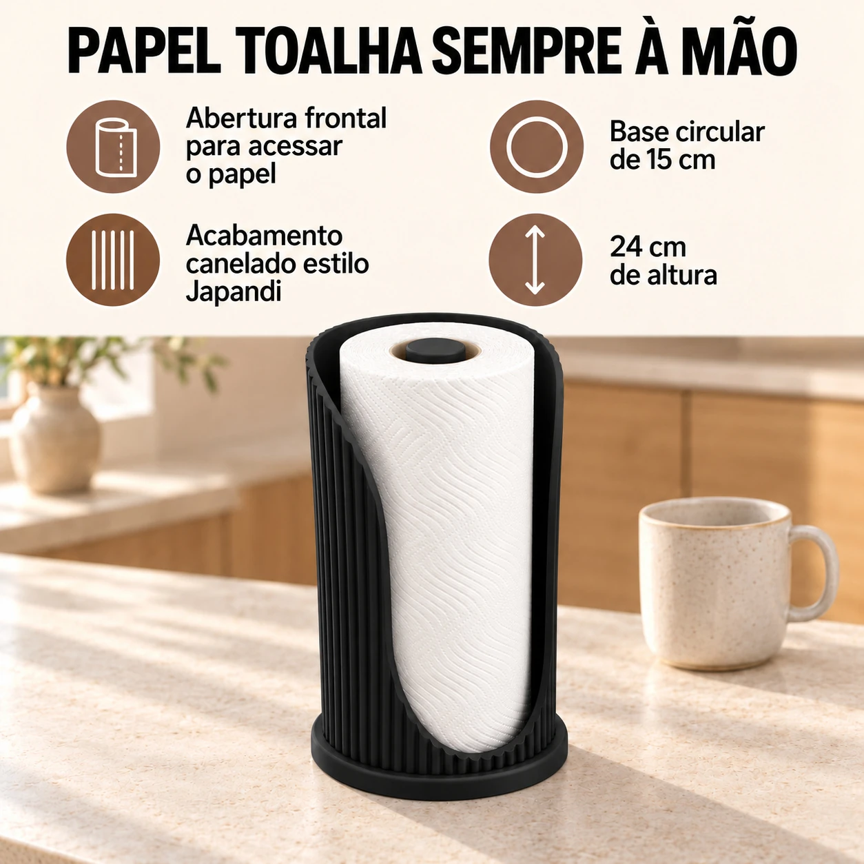 Suporte de Papel Toalha Japandi Coleção Aura Criandê Preto
