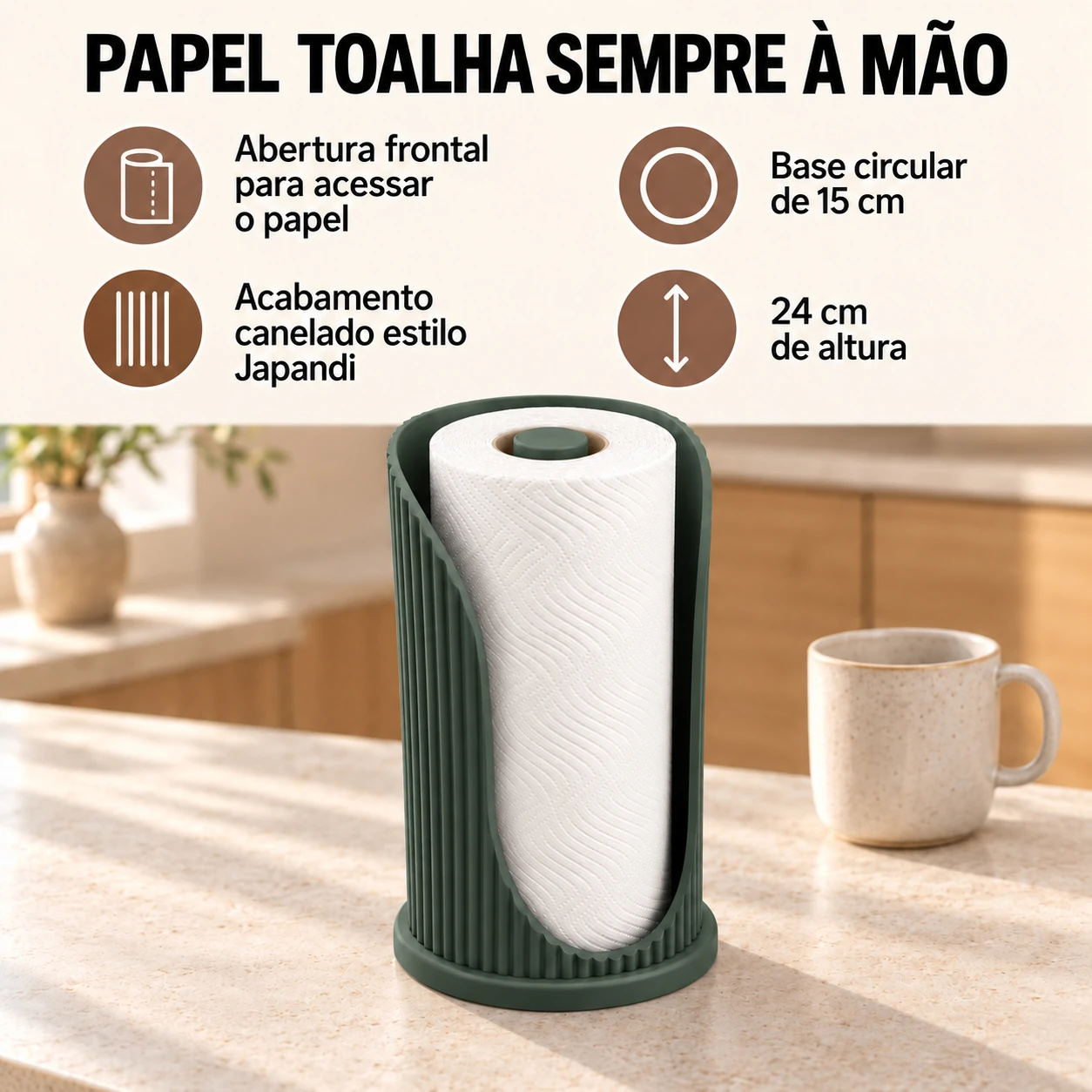 Suporte de Papel Toalha Japandi Coleção Aura Criandê Verde