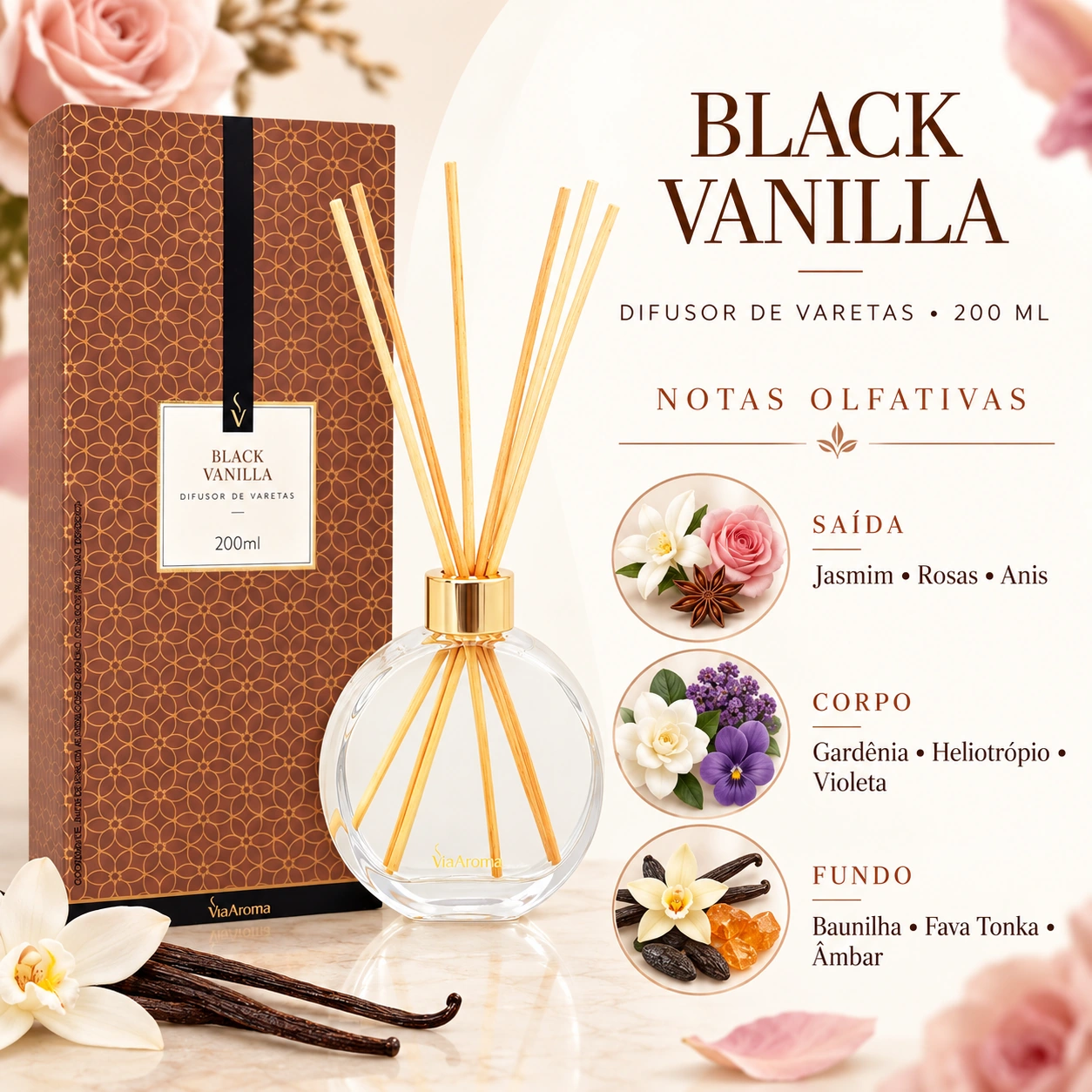 Difusor de Varetas Via Aroma Black Vanilla 200 ml