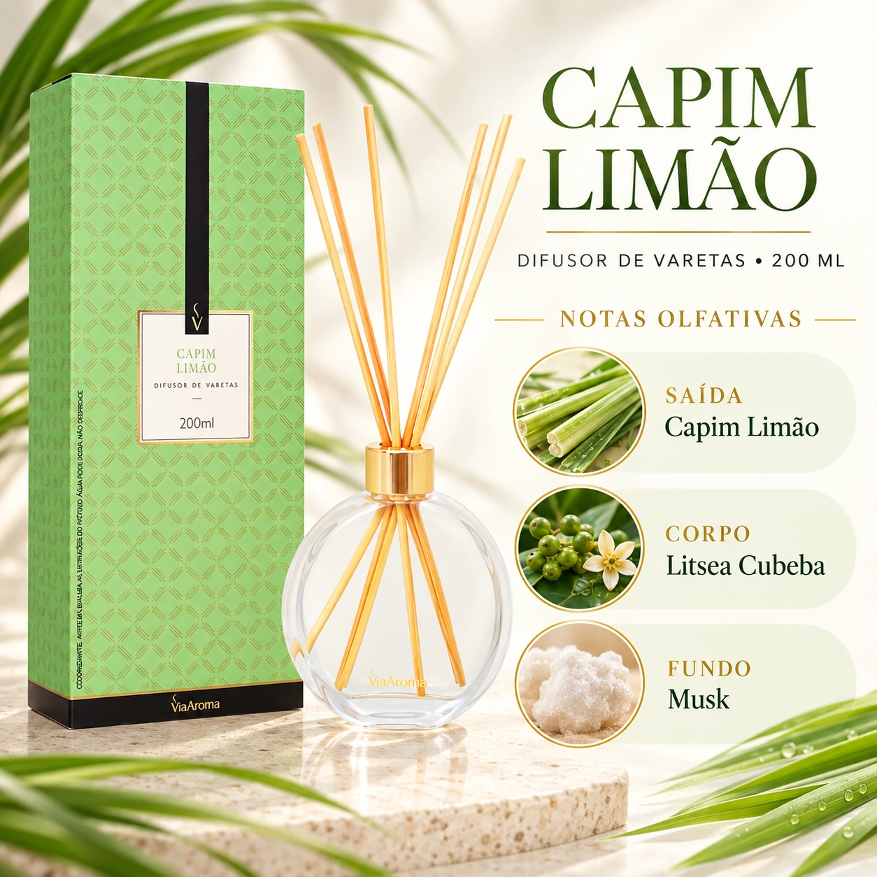 Difusor de Varetas Via Aroma Capim Limão 200 ml