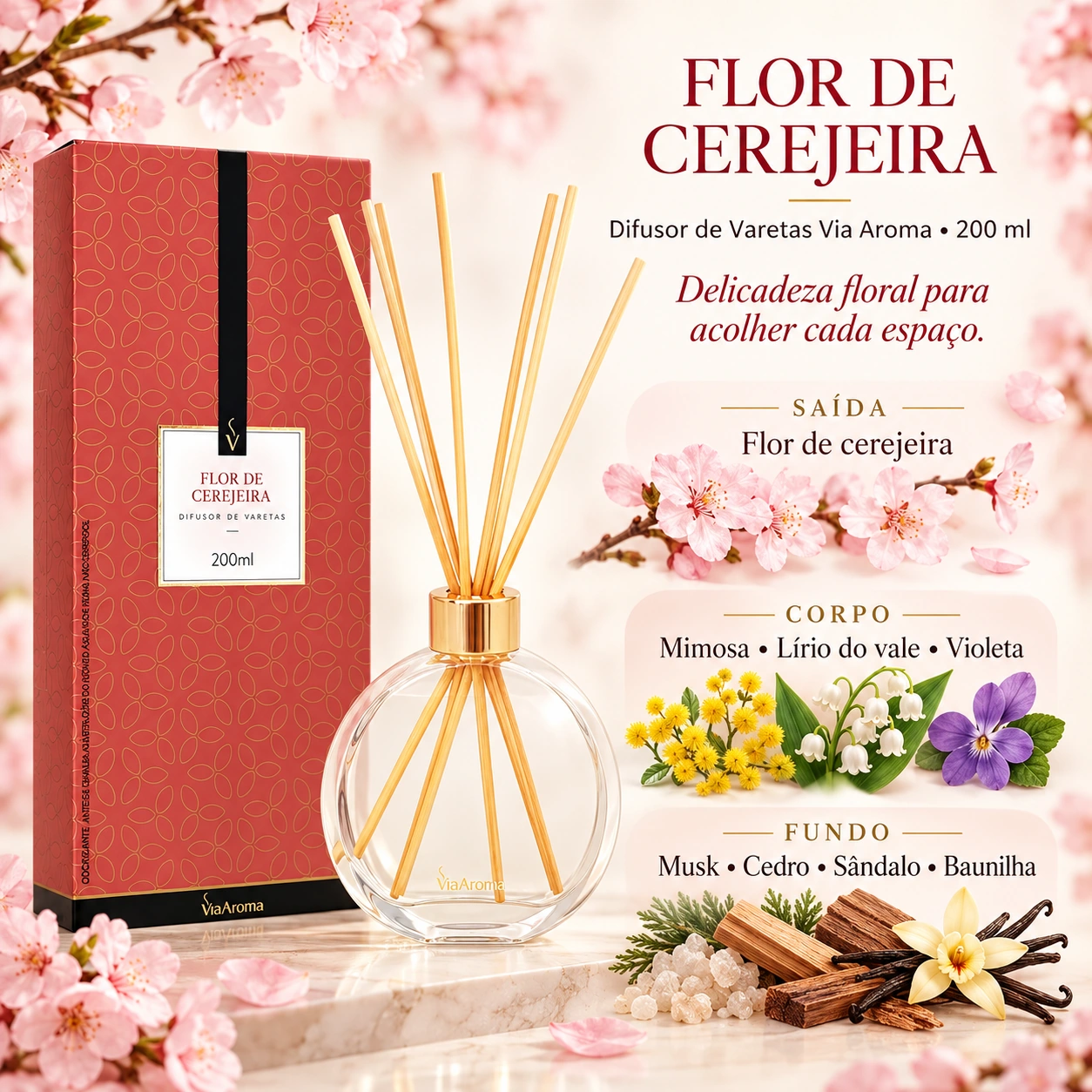 Difusor de Varetas Via Aroma Flor de Cerejeira 200 ml