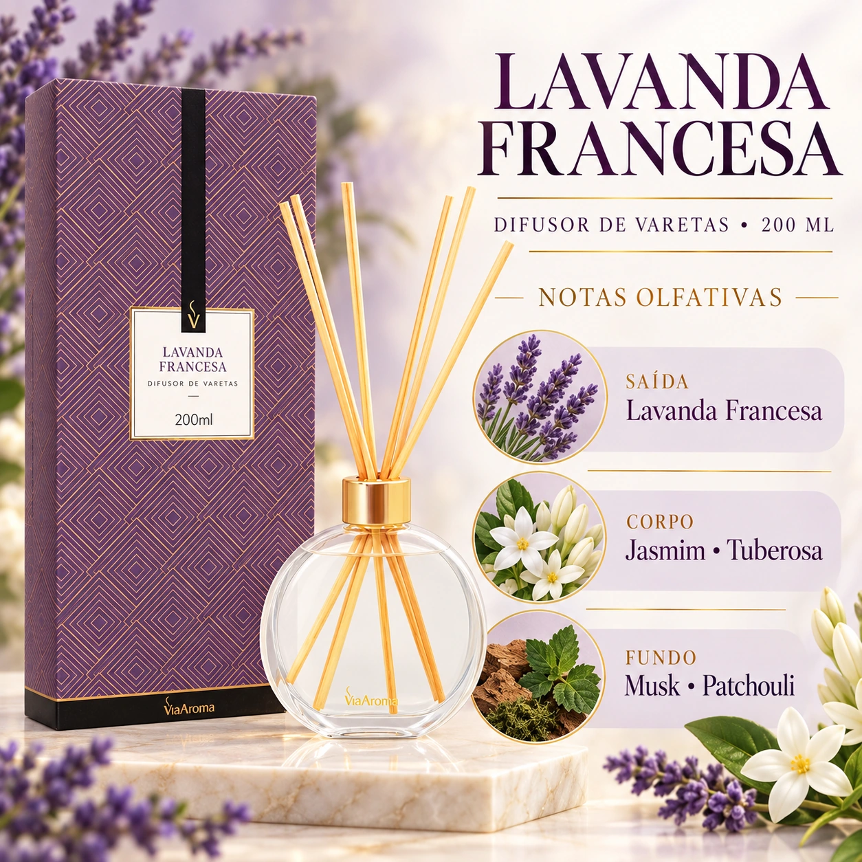 Difusor de Varetas Via Aroma Lavanda Francesa 200 ml