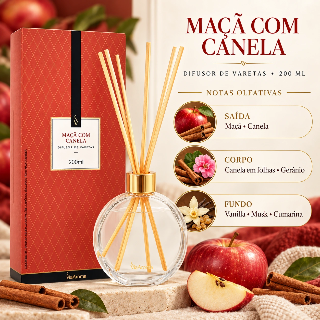 Difusor de Varetas Via Aroma Maçã com Canela 200 ml
