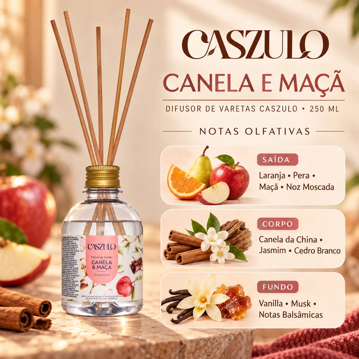 Difusor de Varetas Caszulo Via Aroma Canela e Maçã 250 ml