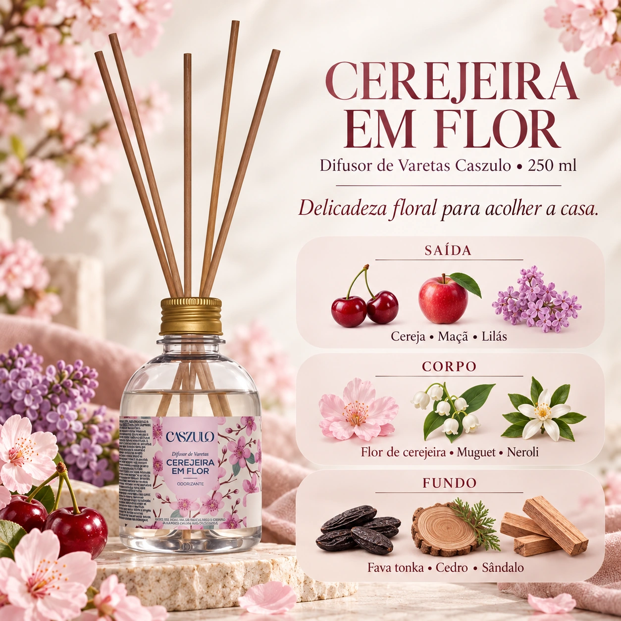 Difusor de Varetas Caszulo Via Aroma Cerejeira em Flor 250 ml