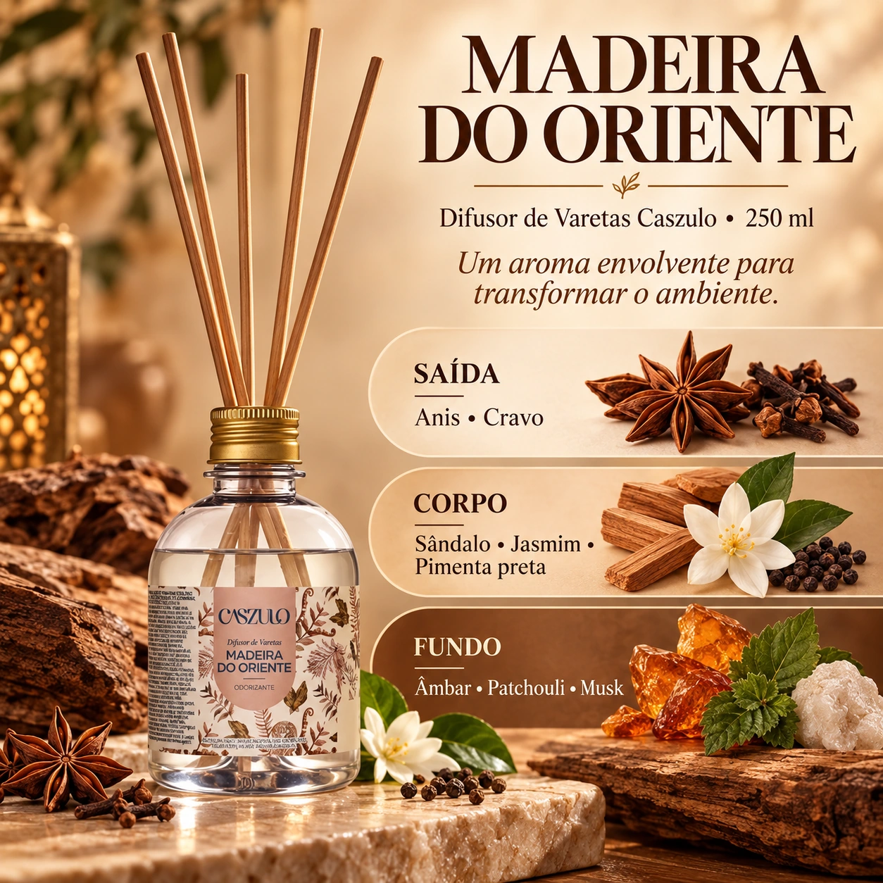 Difusor de Varetas Caszulo Via Aroma Madeira do Oriente 250 ml