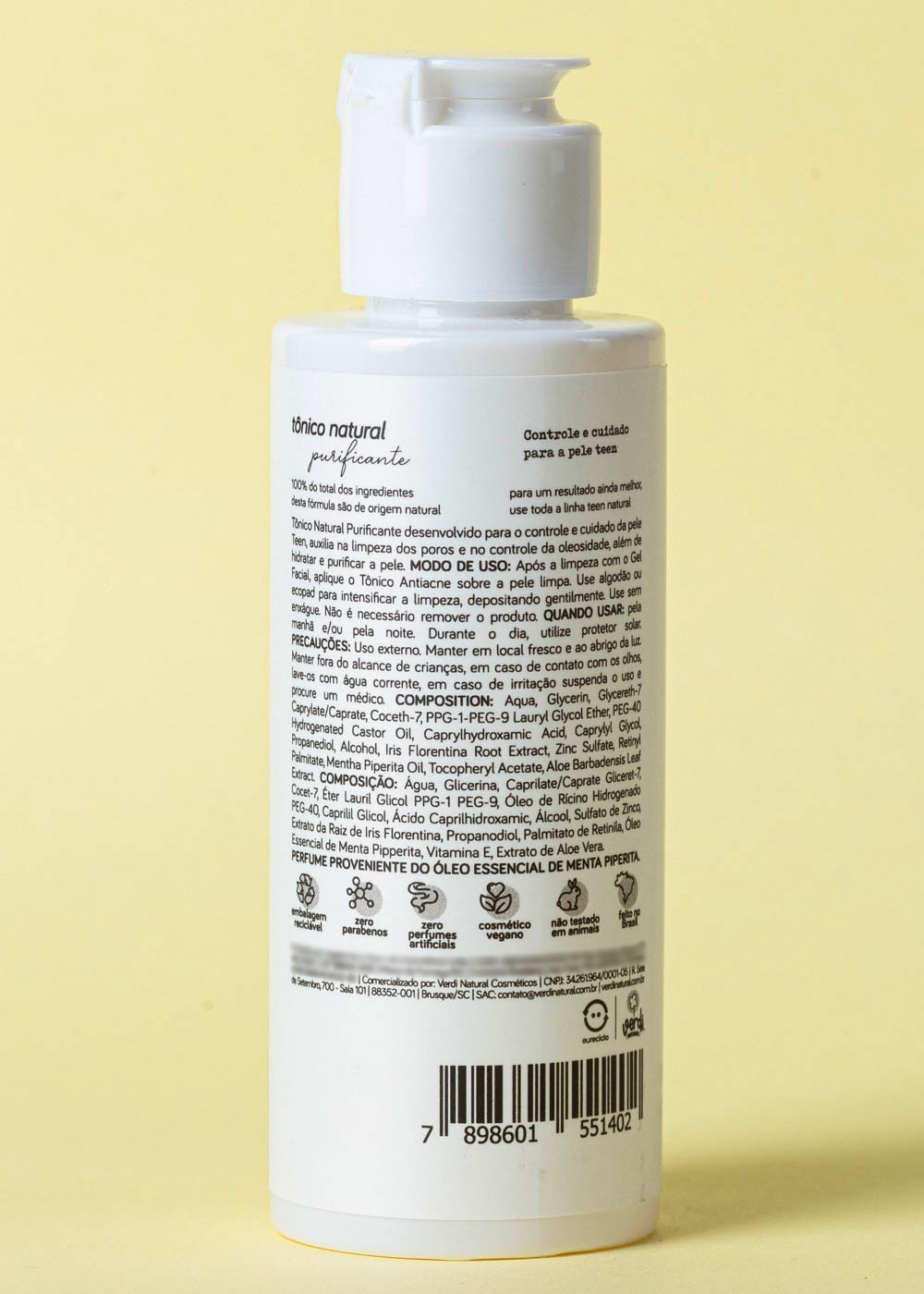 Tônico Facial Natural Purificante para Pele com Acne e Oleosa 120 ml – Verdi Natural