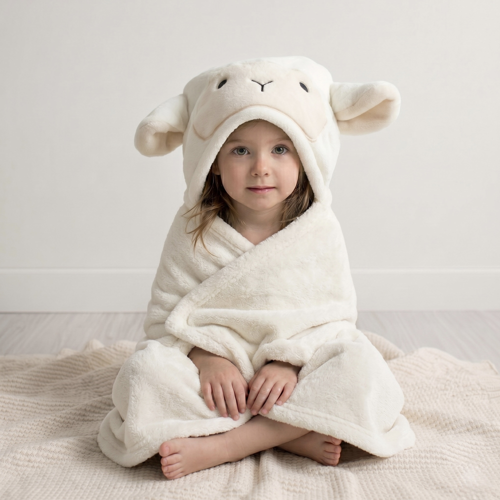 Toalha de Banho Infantil com Capuz Power Sec 3D 80x125cm Ovelha Off White - Laço Bebê