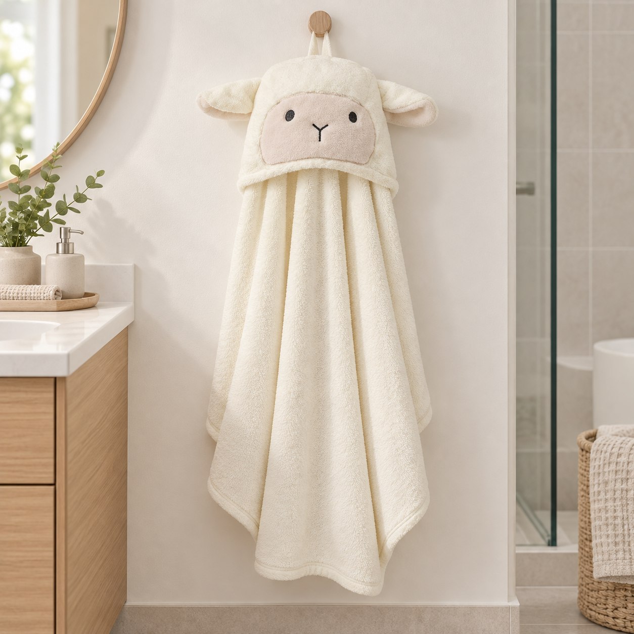 Toalha de Banho Infantil com Capuz Power Sec 3D 80x125cm Ovelha Off White - Laço Bebê