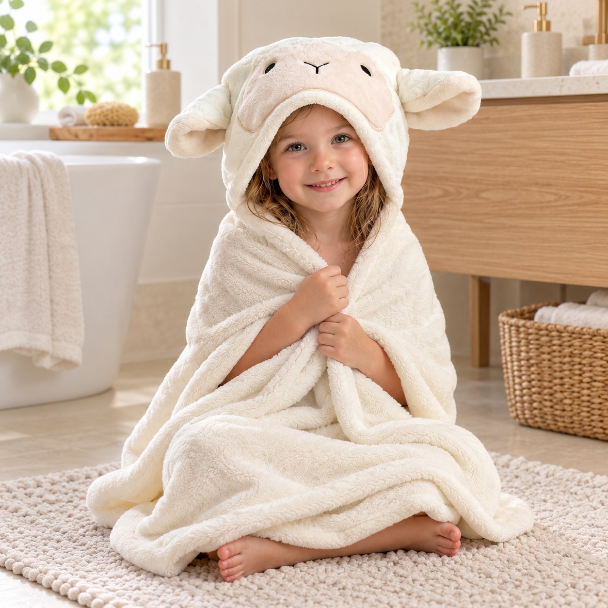 Toalha de Banho Infantil com Capuz Power Sec 3D 80x125cm Ovelha Off White - Laço Bebê