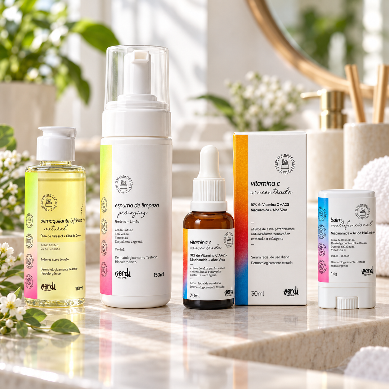 Kit Skincare Facial Natural Completo Verdi Natural – Limpeza, Vitamina C e Balm