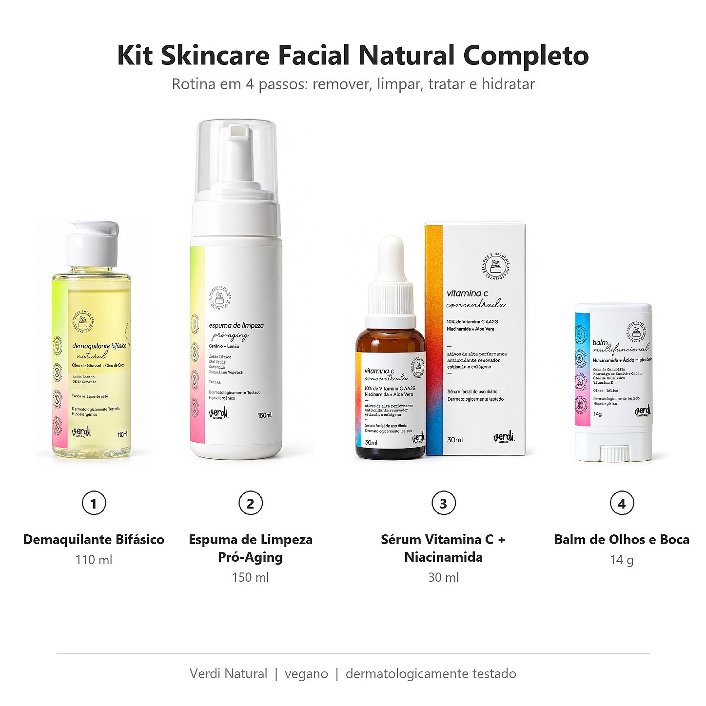 Kit Skincare Facial Natural Completo Verdi Natural – Limpeza, Vitamina C e Balm