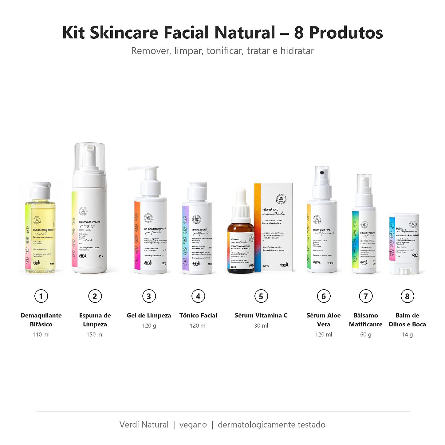 Kit Skincare Facial Natural 8 Produtos Verdi Natural – Rotina Completa de Limpeza e Cuidado