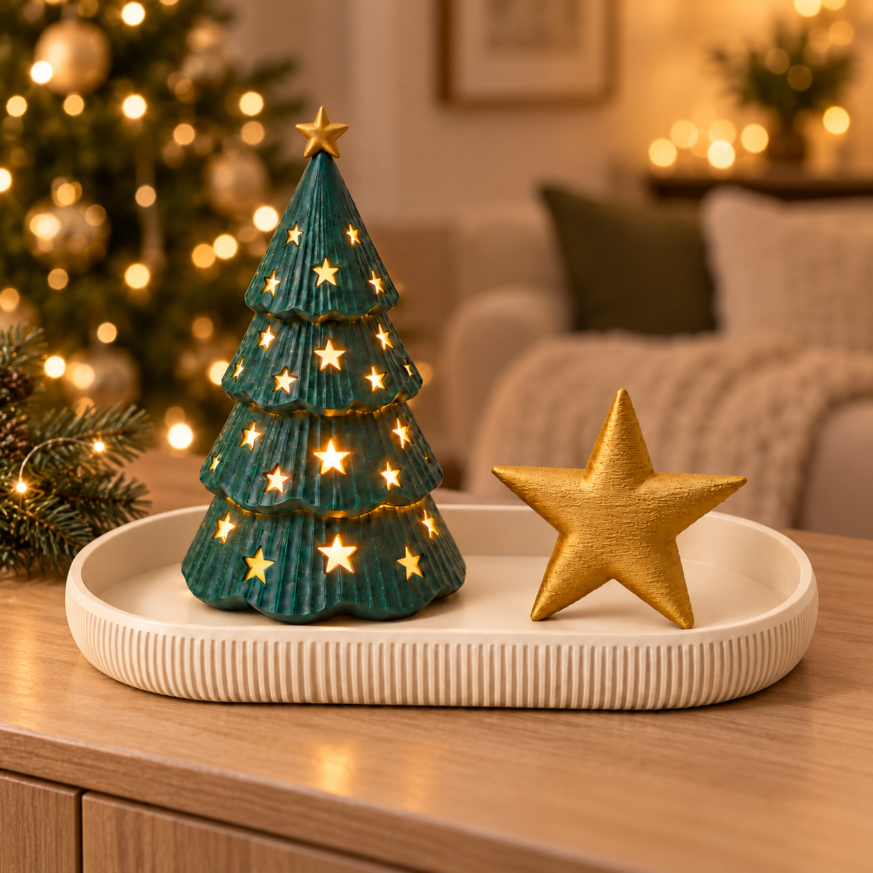 Kit Natal Minimalista com Árvore Iluminada, Bandeja e Estrela