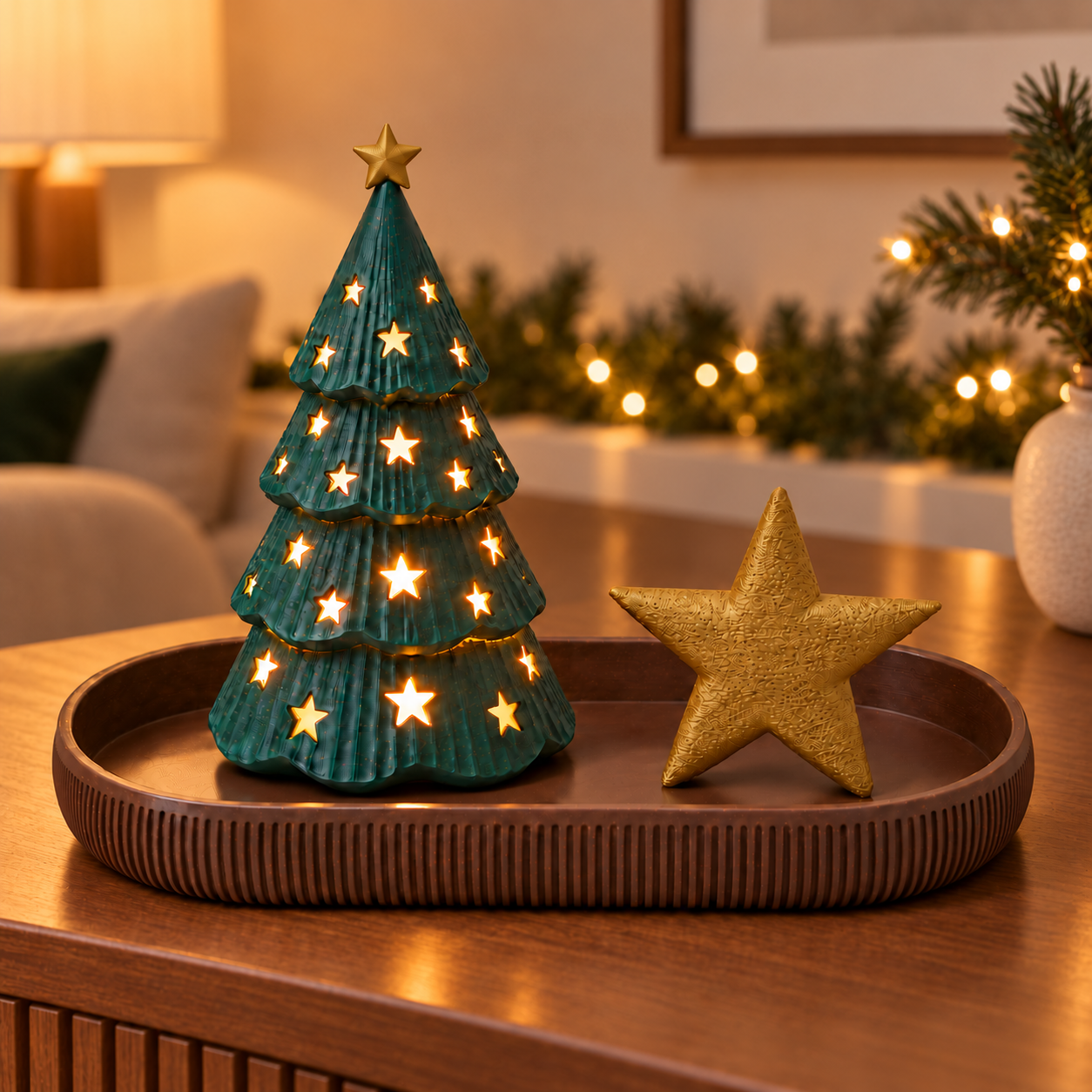 Kit Natal Minimalista com Árvore Iluminada, Bandeja e Estrela