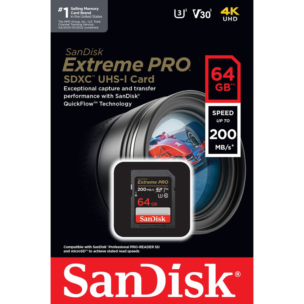Cartão de Memória SanDisk EXTREME PRO SDXC UHS-I 64GB 200 MB/s V30