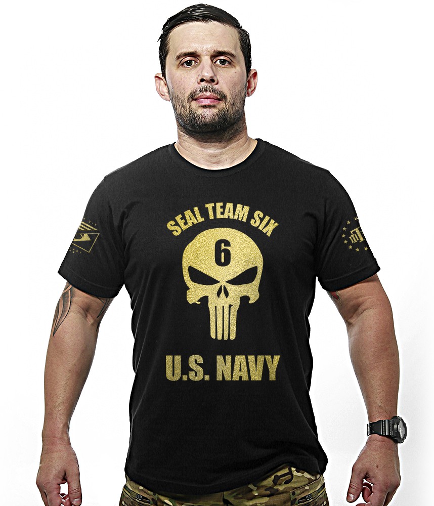 Camiseta Masculina Punisher Seal US Navy Gold Line Preto Team Six Brasil
