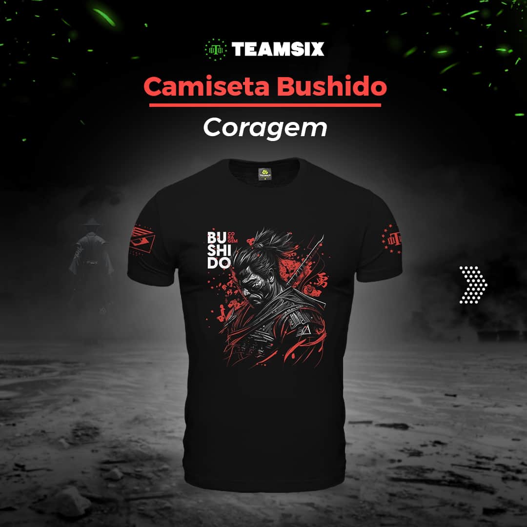 Camiseta Masculina 7 Princípios do Bushido Preta Coragem Team Six
