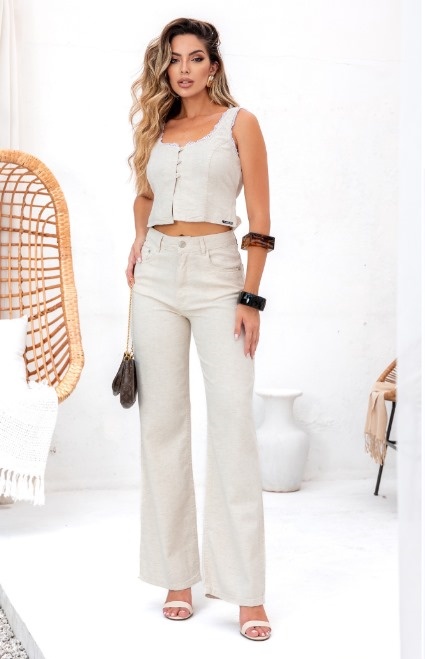 Calça Wide Leg em Viscolinho Bege Revanche