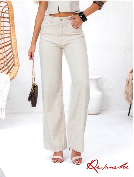 Calça Wide Leg em Viscolinho Bege Revanche