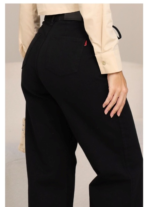 Calça Sarja Wide Leg c/ Cordão e Bolso Faca-Marca Revanche-Cor Preta