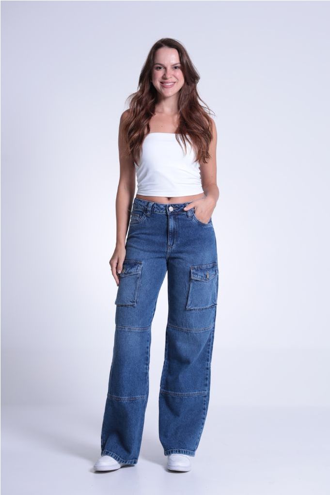 Calça Jeans Wide Leg Bolso Cargo Com Recorte Revanche