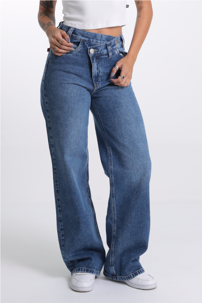 Calça Wide Leg Jeans Cós Transpassado Revanche
