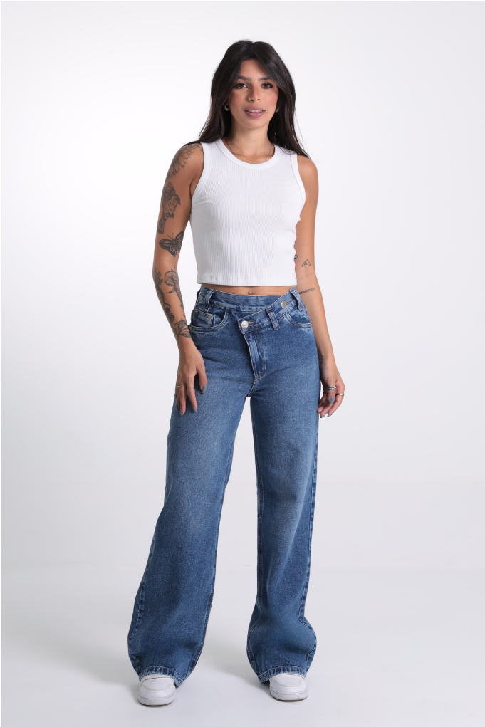 Calça Wide Leg Jeans Cós Transpassado Revanche