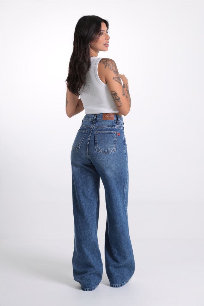 Calça Wide Leg Jeans Cós Transpassado Revanche