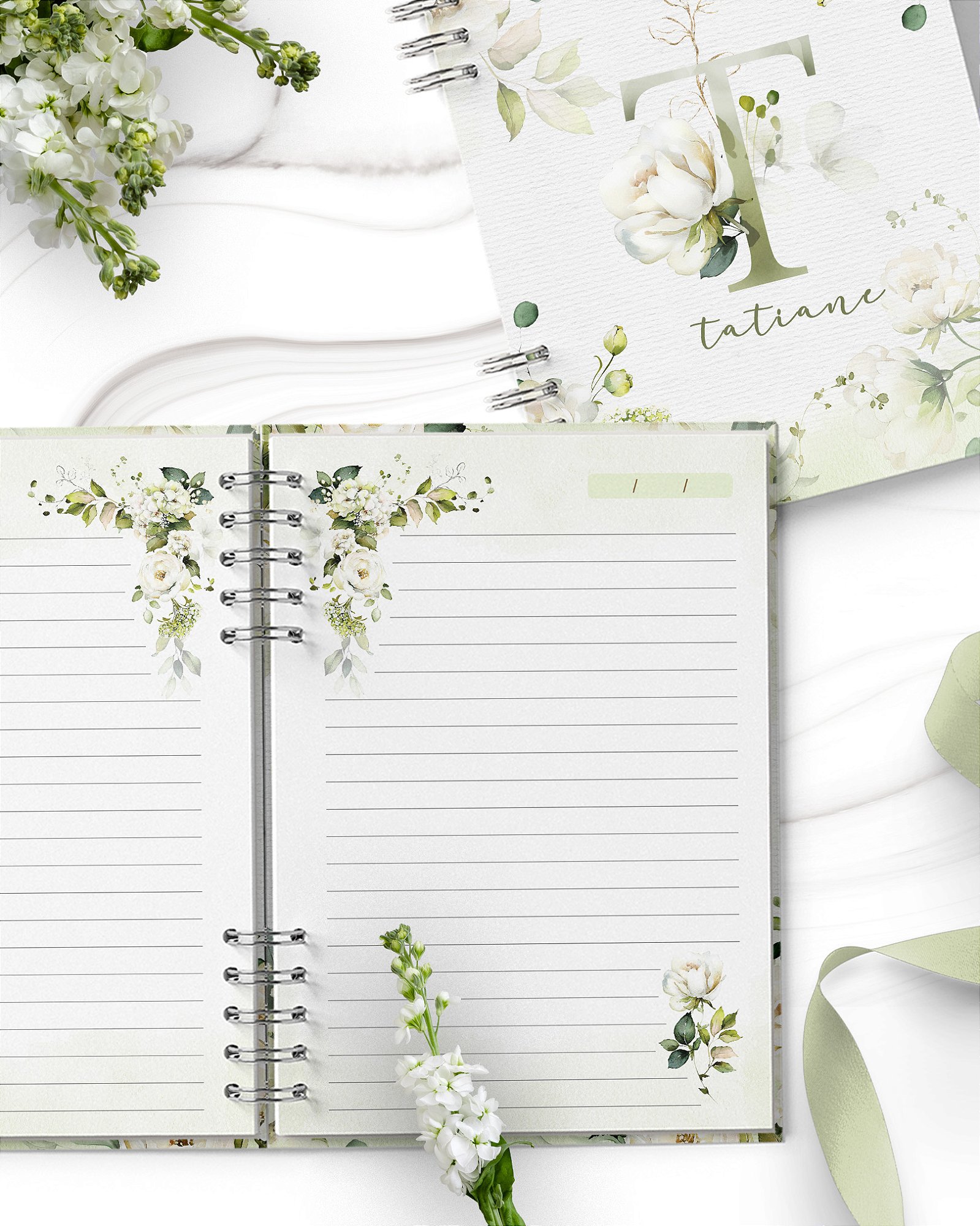 Caderno floral alfabeto  rosas brancas