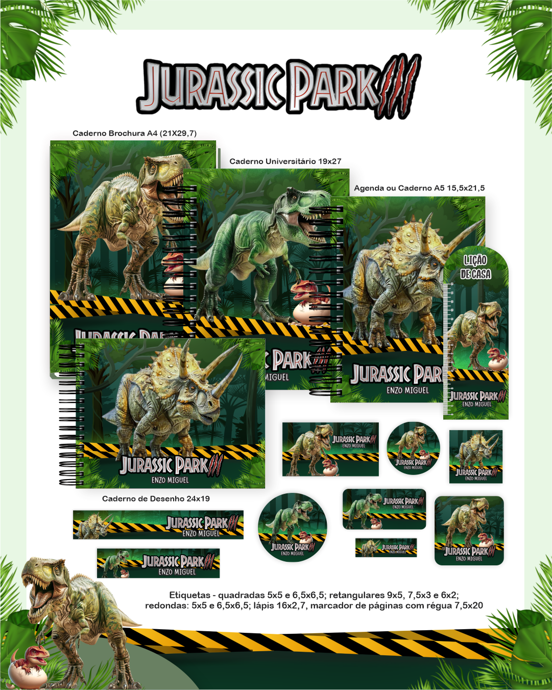 KIT ESCOLAR: Dinossauro: Agenda, 3 Cadernos Grande + Etiqueta