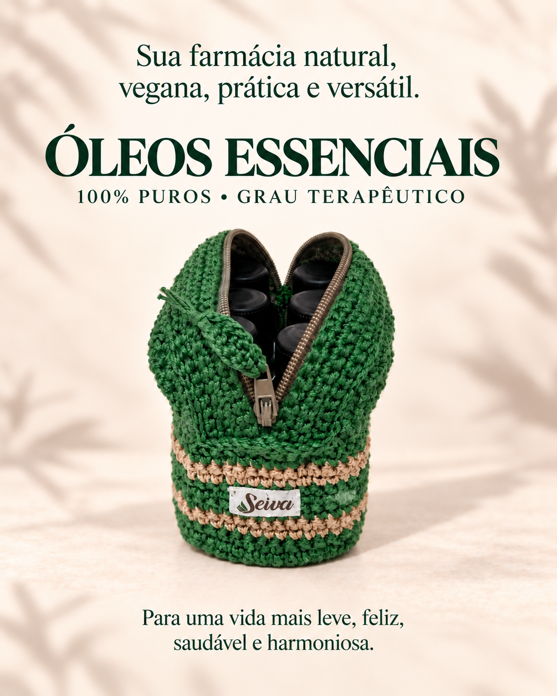 Combo Óleos Essenciais + Grátis Bolsinha de Crochê - OE Lavanda, Hortelã Pimenta, Alecrim, Capim Limão, Tea Tree e Eucalípto