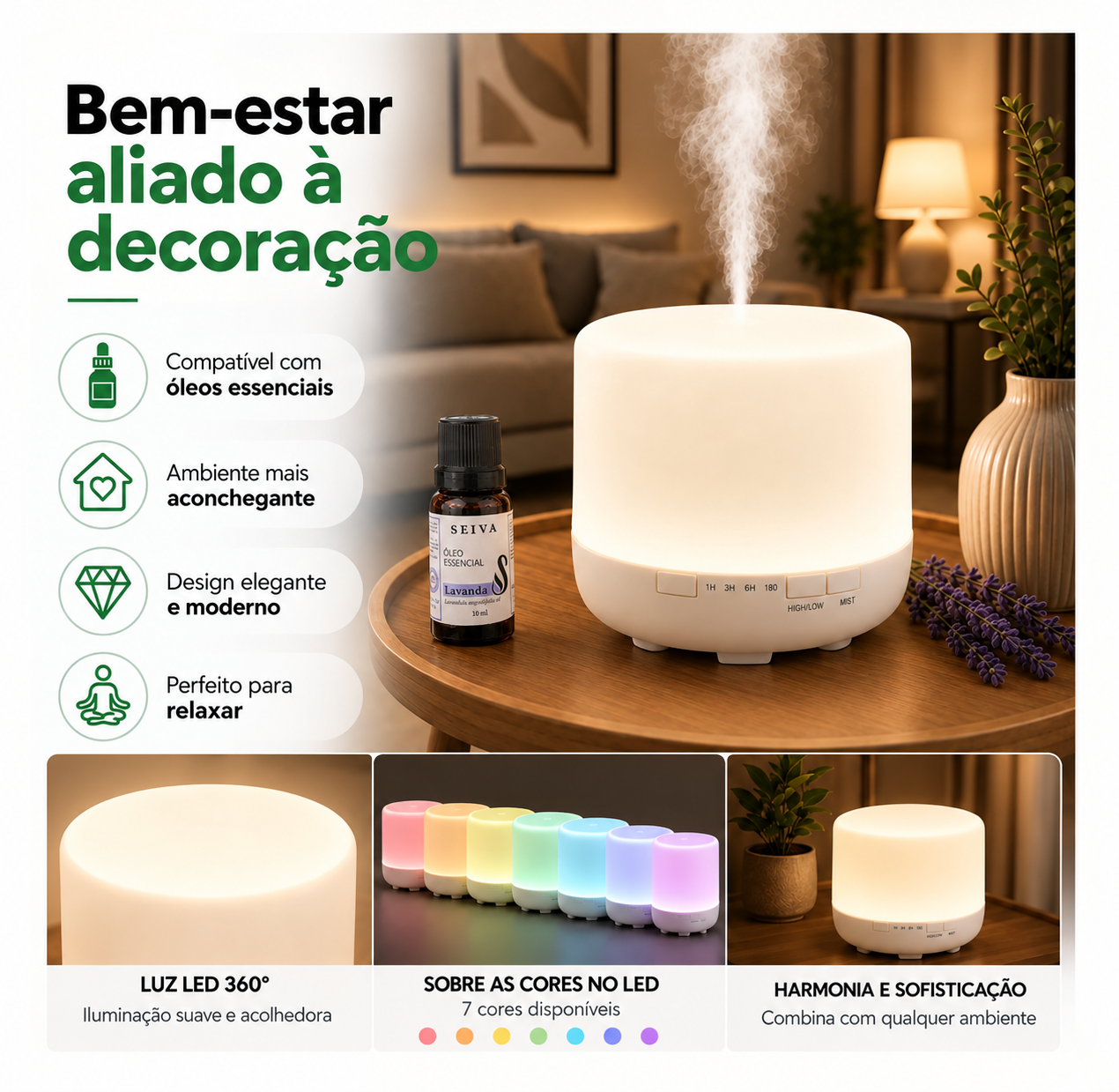 Difusor e Umidificador de ar para Óleo Essencial 500ml