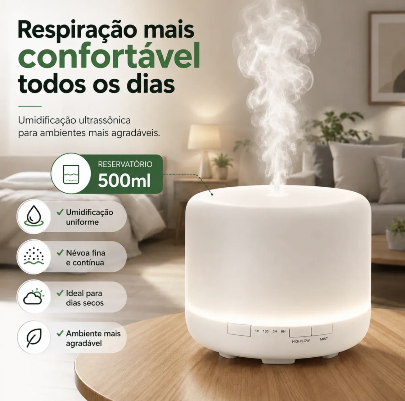 Difusor e Umidificador de ar para Óleo Essencial 500ml