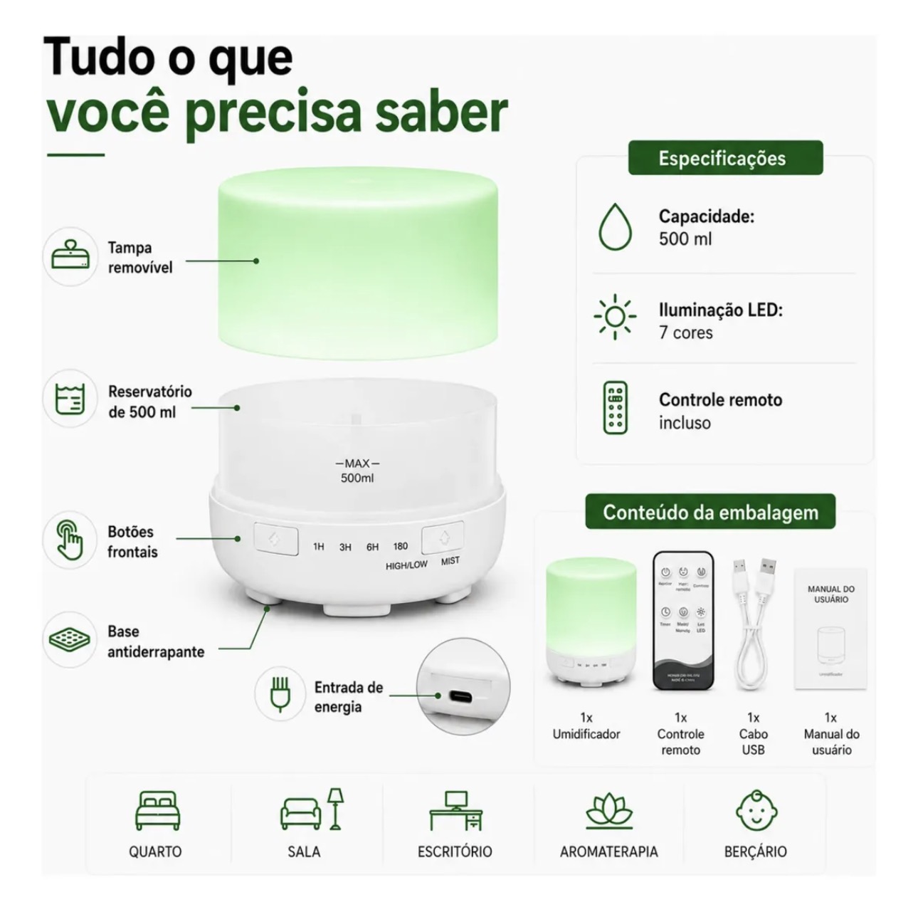 Difusor e Umidificador de ar para Óleo Essencial 500ml